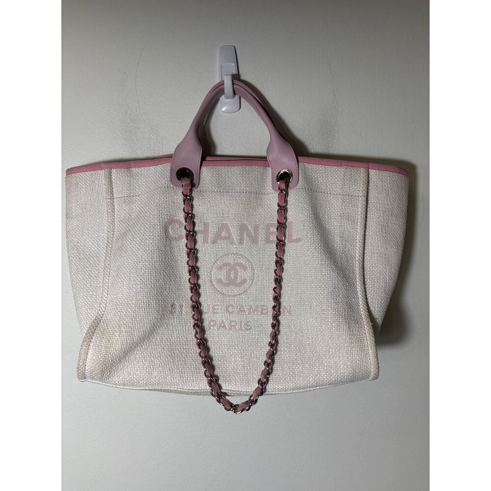 Chanel Deauville Shopping Tote Light Pink Raffia and Canvas Silver Hardware - Picture 1 of 8